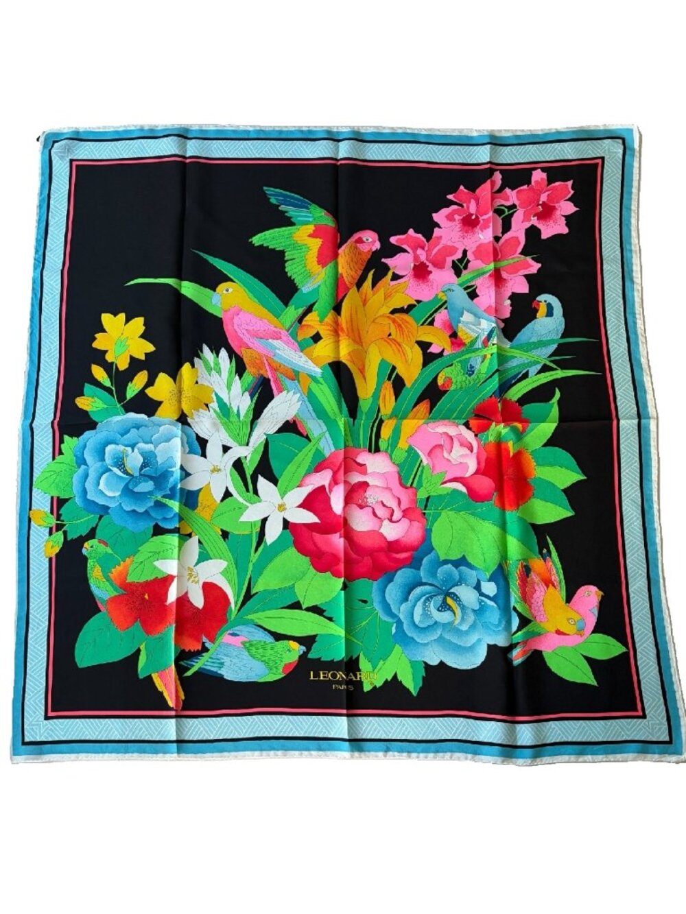 Vintage Leonard Paris Silk Scarf Tropical Birds Floral 34" x 35" Made Italy